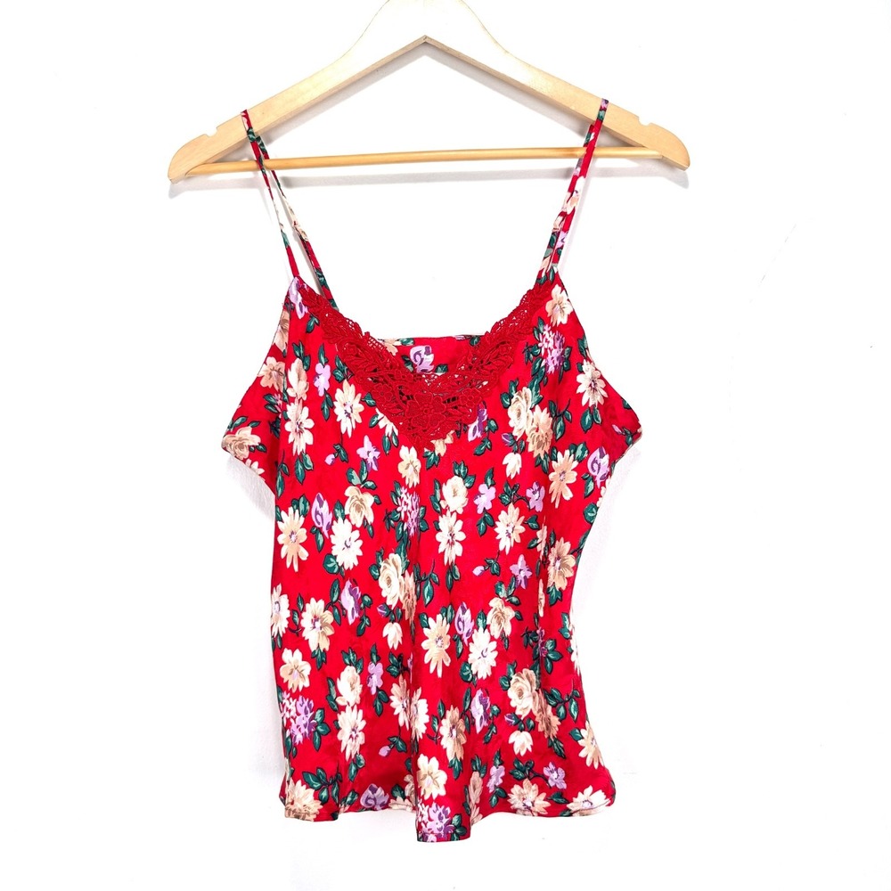 Silkscreen Silk Blouse Women Size 7 Large Red Flowers Coquette Cami Lingerie Top